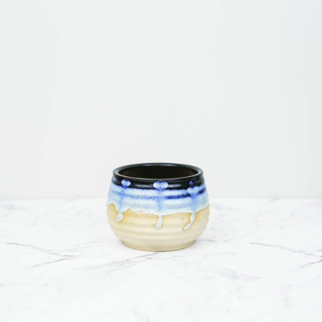 blue handmade glazed plant pot for indoor plants side view